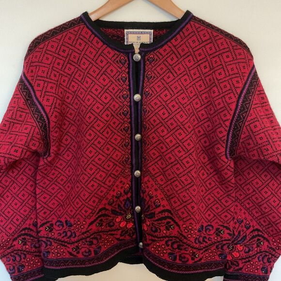 Dale Of Norway Womans M Wool Cardigan Sweater Red Nordic Fair isle Floral - Picture 6 of 15